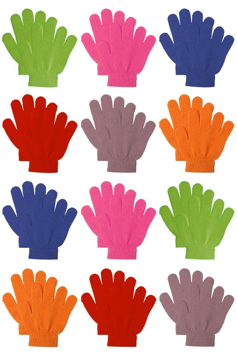 Cooraby 12 Pairs Kids Warm Magic Gloves Teens Winter Stretchy Knit Gloves Boys Girls Knit Gloves (Mixed 6 Color A, 6-12 Years) - Image 1